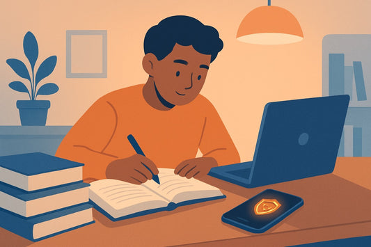 Student studying at desk with phone blocked by focus app