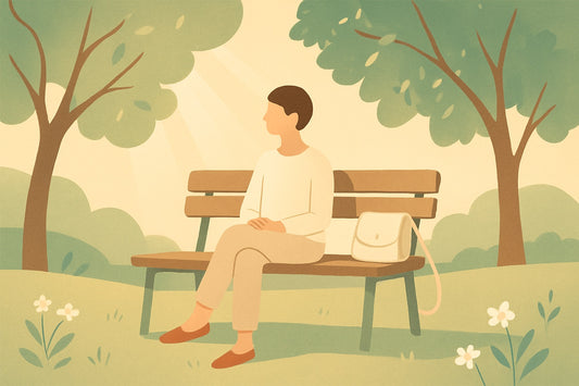 A person sitting peacefully on a park bench surrounded by nature, phone tucked away