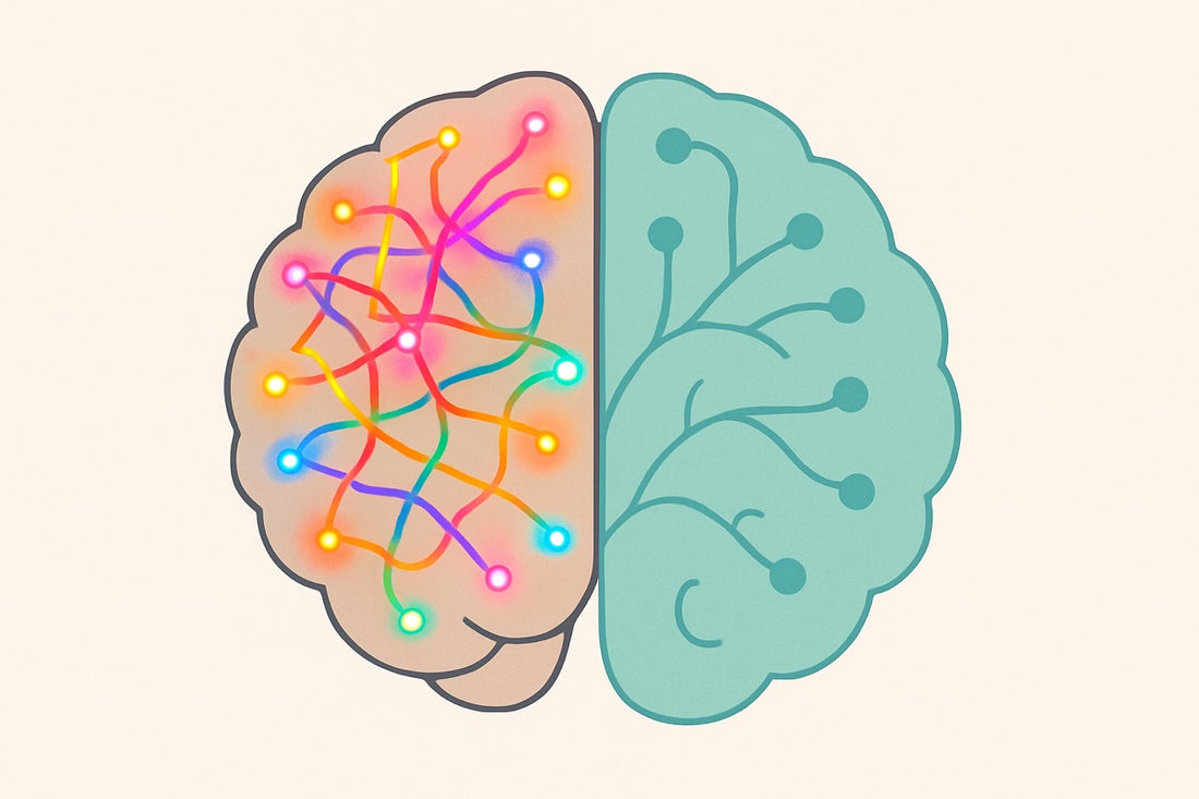 Illustration of a brain transitioning from overstimulation to calm, representing dopamine reset