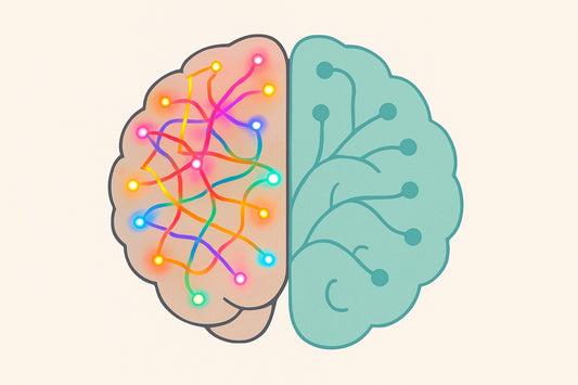 Illustration of a brain transitioning from overstimulation to calm, representing dopamine reset